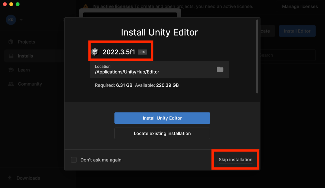 Unity Editorのスキップ画面