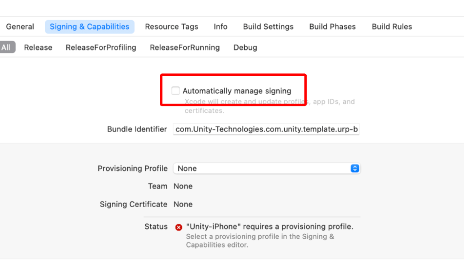 「Automatically manage signing」を選択